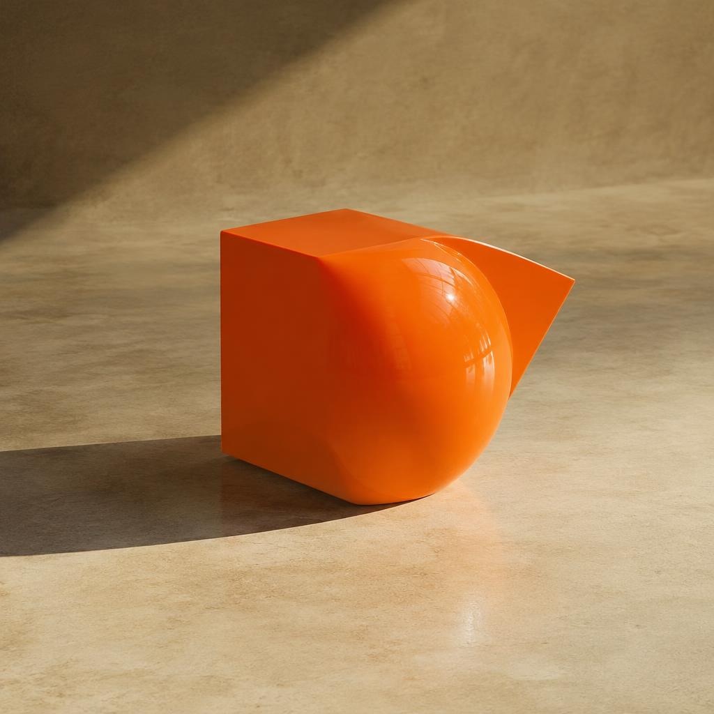 Orange sculptural shape on concrete